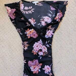 Kookai - Floral Black Top with Pink and Purple Accents